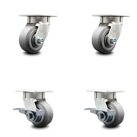 Service Caster 4 Inch Kingpinless Thermoplastic Rubber Wheel Swivel Caster Set with 2 Brakes SCC-KP30S420-TPRRF-2-SLB-2